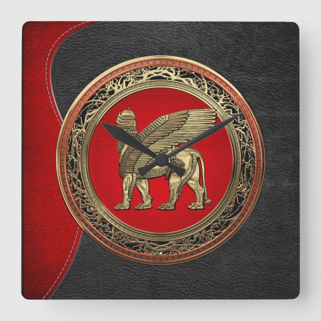 [200] Assyrian Winged Lion - Gold Lamassu Square Wall Clock (Front)