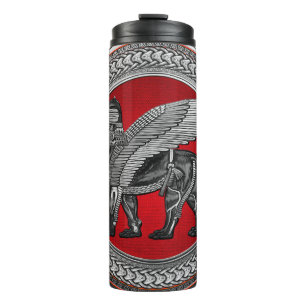 [200] Assyrian Winged Lion: Silver & Black Lamassu Thermal Tumbler