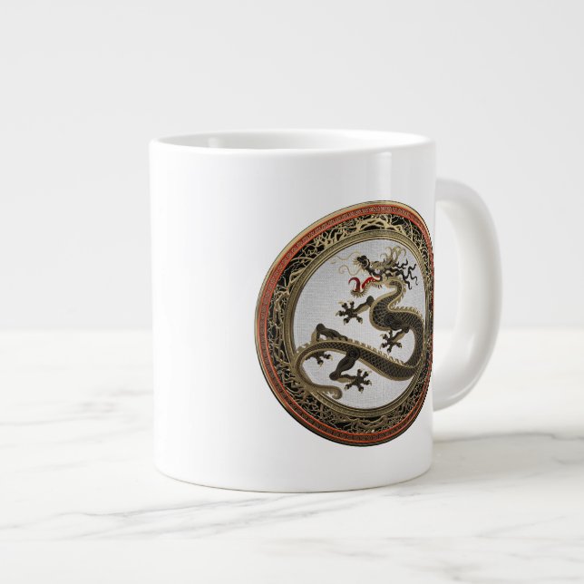[200] Black and Gold Sacred Eastern Dragon Large Coffee Mug (Front Right)