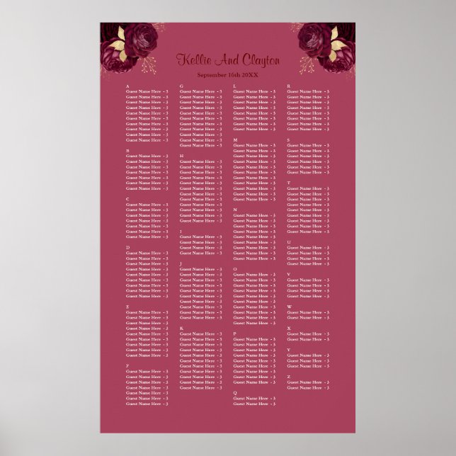 200 Burgundy And Gold Floral Wedding Seating Chart (Front)