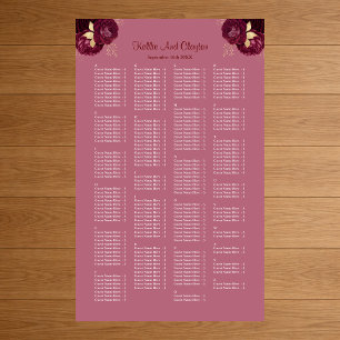 200 Burgundy And Gold Floral Wedding Seating Chart