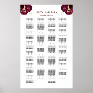 200 Burgundy And Gold Floral Wedding Seating Chart