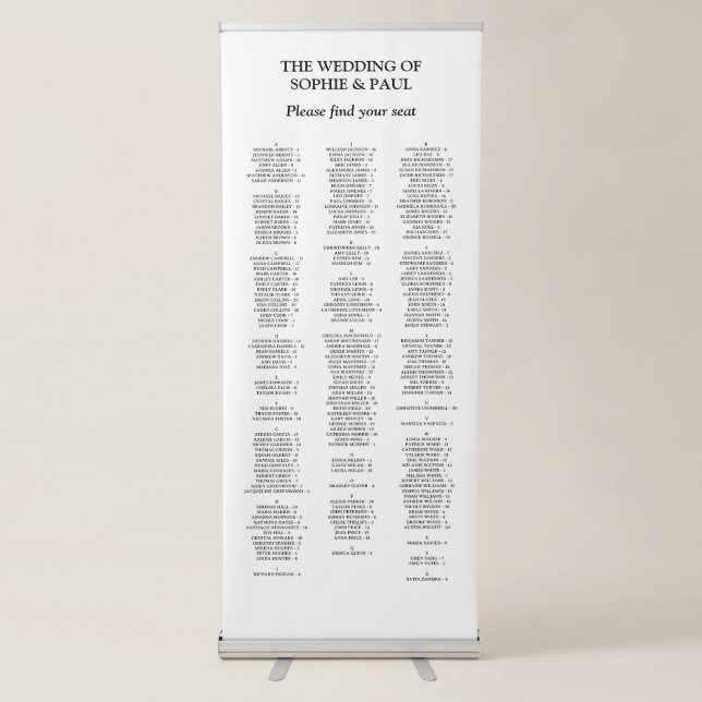 200 Guest Alphabetical Wedding Seating Chart Retractable Banner (Front)
