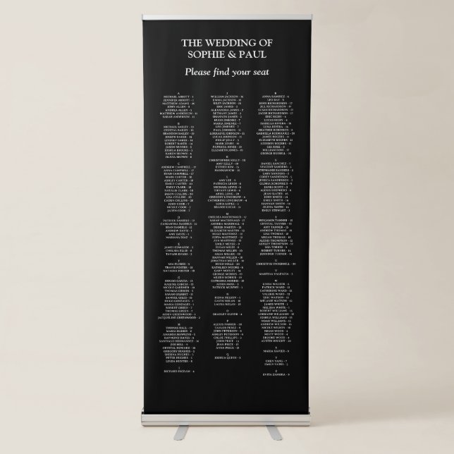 200 Guest Black Alphabetical Seating Chart Retractable Banner (Front)