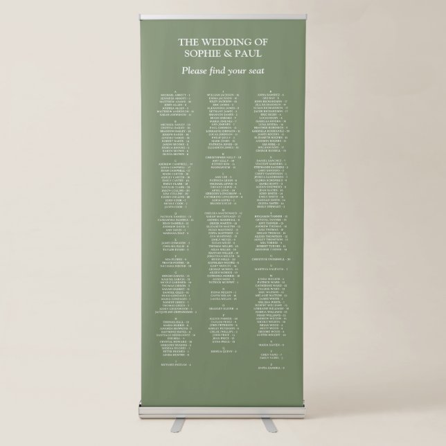 200 Guest Sage Green Wedding Seating Chart Retractable Banner (Front)