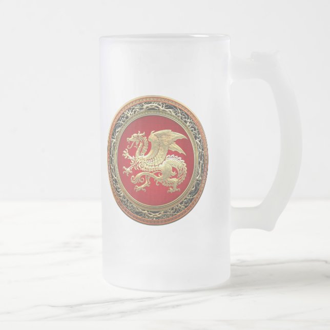 [200] Icelandic Dragon, Landvættir [Gold] Frosted Glass Beer Mug (Right)