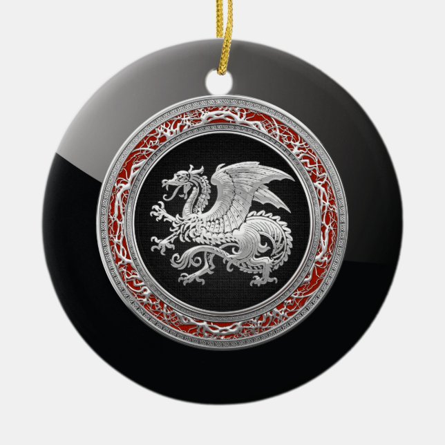 [200] Icelandic Dragon, Landvættir [Silver] Ceramic Tree Decoration (Front)