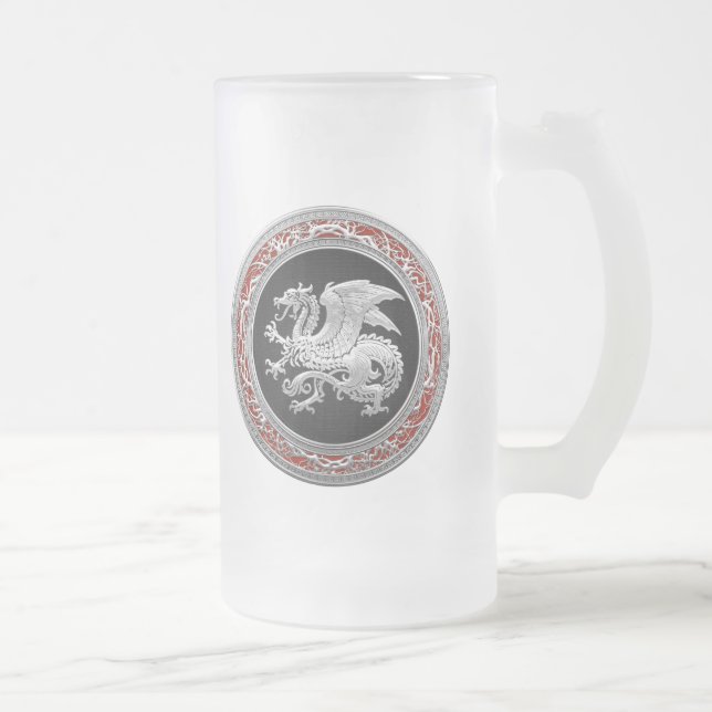 [200] Icelandic Dragon, Landvættir [Silver] Frosted Glass Beer Mug (Right)