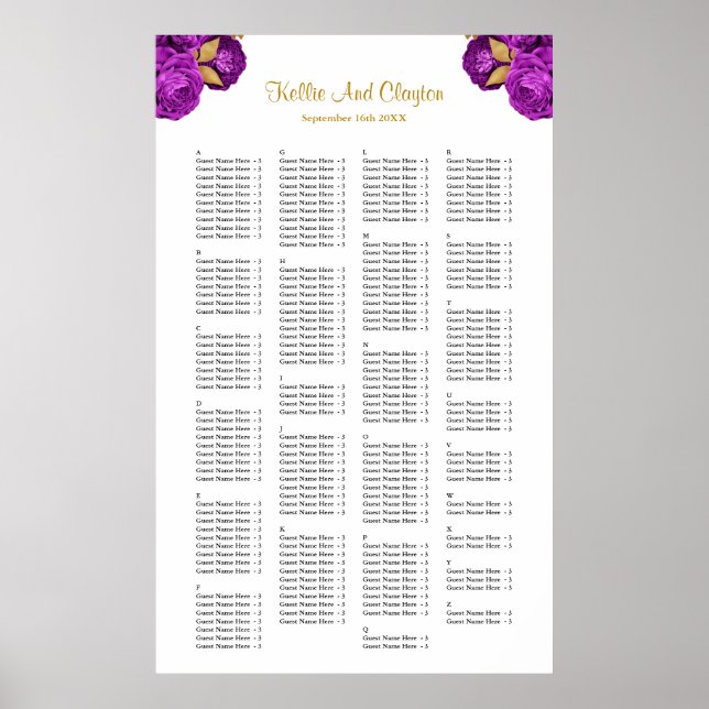 200 Purple And Gold Floral Wedding Seating Chart (Front)