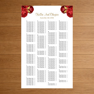 200 Red And Gold Floral Wedding Seating Chart