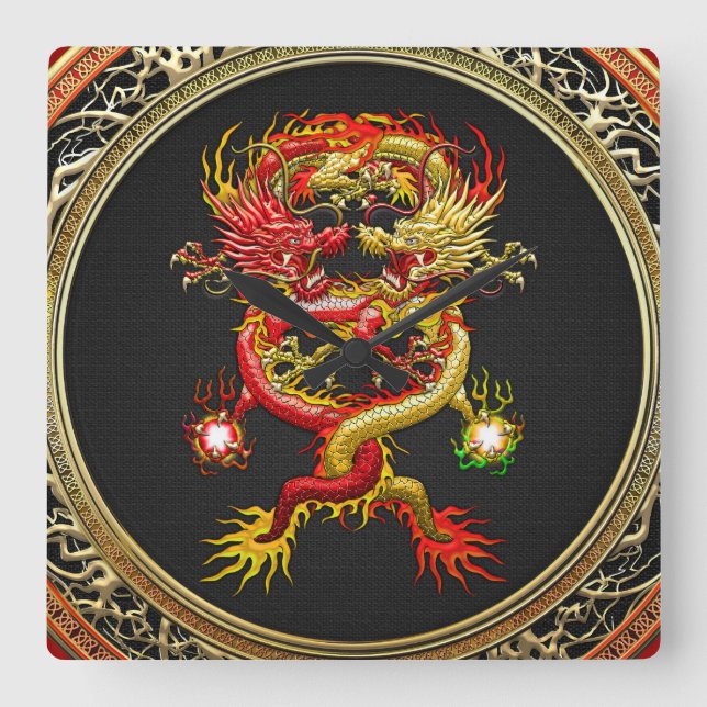 [200] Red and Yellow Dragons Square Wall Clock (Front)