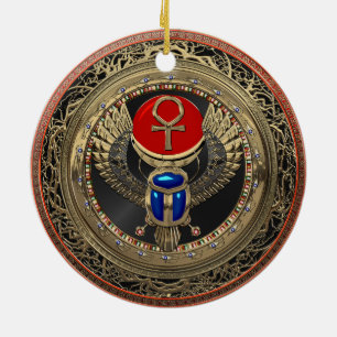 [200] Sacred Gold Egyptian Winged Scarab with Ankh Ceramic Tree Decoration