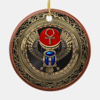 [200] Sacred Gold Egyptian Winged Scarab with Ankh Ceramic Tree Decoration