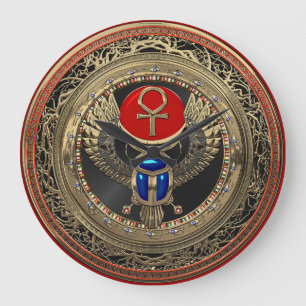 [200] Sacred Gold Egyptian Winged Scarab with Ankh Large Clock