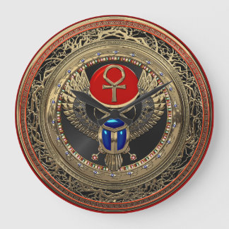 [200] Sacred Gold Egyptian Winged Scarab with Ankh Large Clock