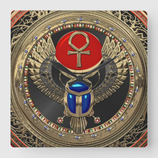 [200] Sacred Gold Egyptian Winged Scarab with Ankh Square Wall Clock