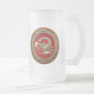 [200] Sacred Golden Scorpion on Red Frosted Glass Beer Mug