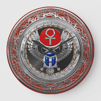 [200] Sacred Silver Egyptian Winged Scarab & Ankh Large Clock