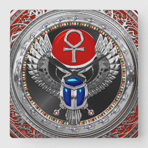 [200] Sacred Silver Egyptian Winged Scarab & Ankh Square Wall Clock