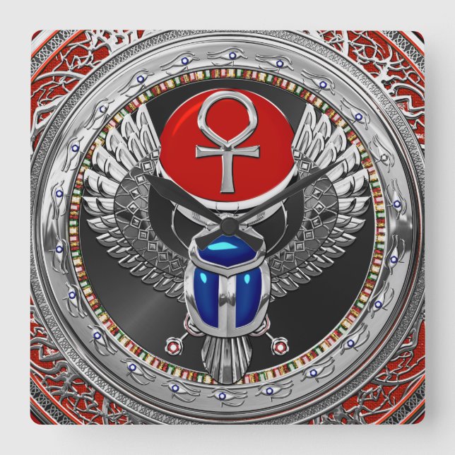 [200] Sacred Silver Egyptian Winged Scarab & Ankh Square Wall Clock (Front)