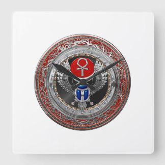 [200] Sacred Silver Egyptian Winged Scarab & Ankh Square Wall Clock