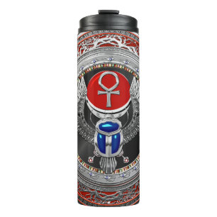 [200] Sacred Silver Egyptian Winged Scarab & Ankh Thermal Tumbler