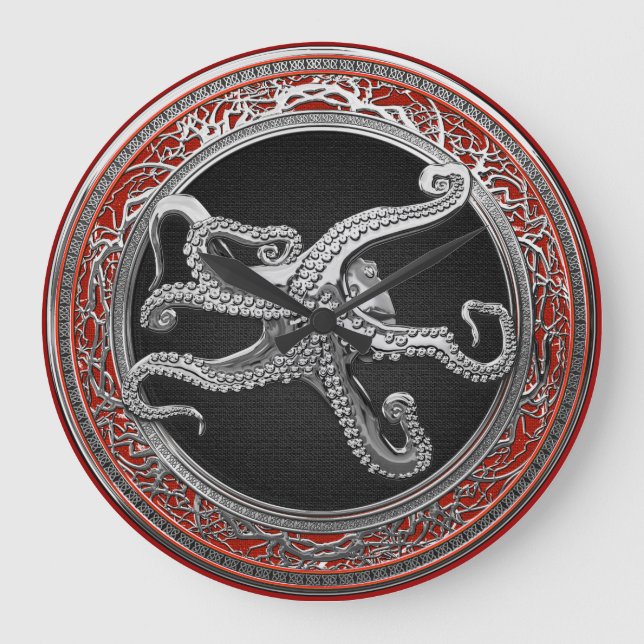 [200] Sacred Silver Octopus in Defensive Posture Large Clock (Front)