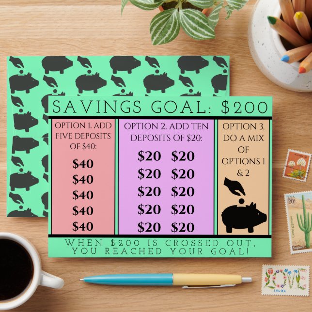 $200 Savings Goal Money Piggy Bank Envelope (Desk)