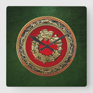 [200] Serpent God Quetzalcoatl [Gold] Square Wall Clock