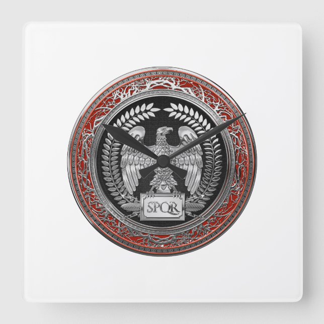 [200] Silver Roman Imperial Eagle Square Wall Clock (Front)