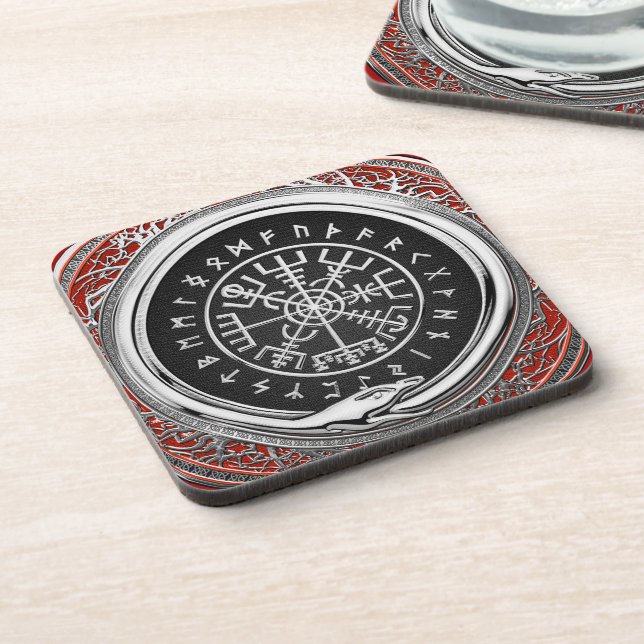 [200] Vegvisir - Viking Silver Magic Runic Compass Coaster (Left Side)