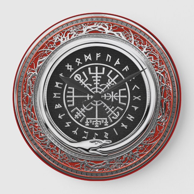 [200] Vegvisir - Viking Silver Magic Runic Compass Large Clock (Front)