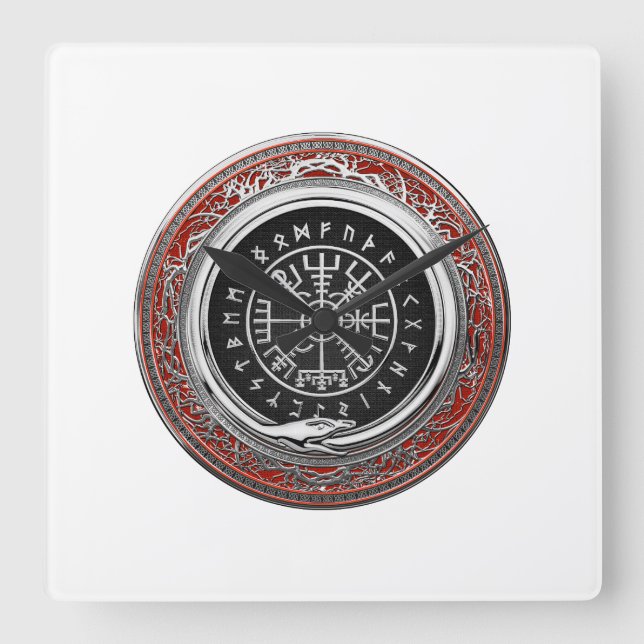[200] Vegvisir - Viking Silver Magic Runic Compass Square Wall Clock (Front)