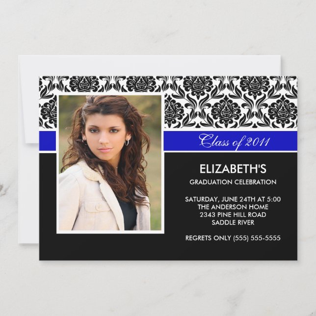 2011 Black Damask Photo Graduation Invitation Blue (Front)