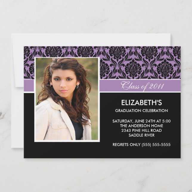 2011 Purple Damask Photo Graduation Invitation (Front)