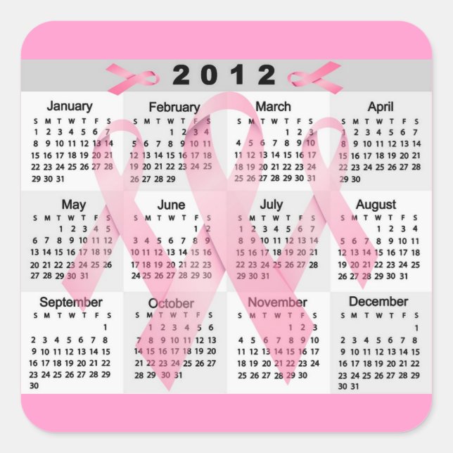 2012 CALENDAR PINK RIBBONS BREAST CANCER AWARENESS SQUARE STICKER (Front)