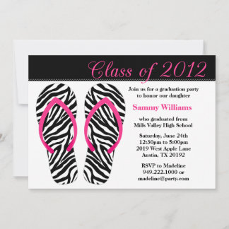 2012 Graduation Party Pink Black Zebra Flip Flops Invitation