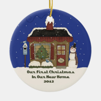 2012 New Home Christmas Snowman Cabin Ceramic Tree Decoration