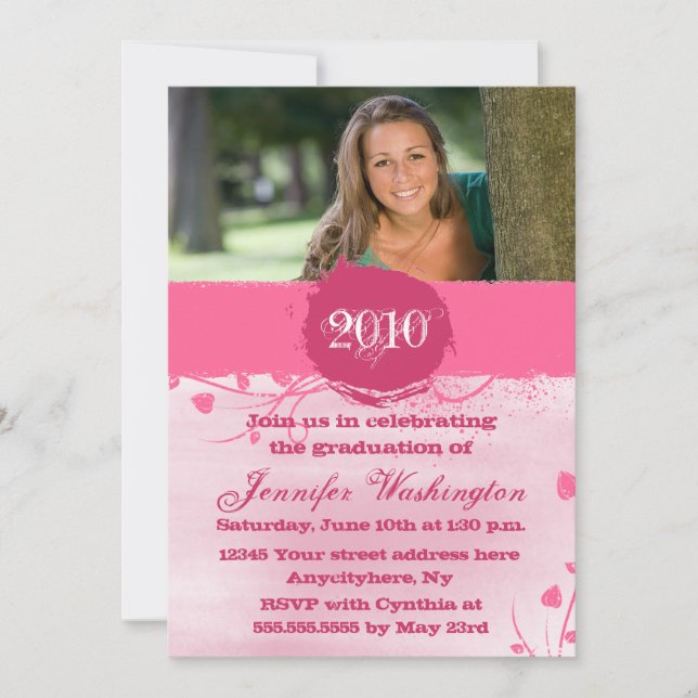 2012 Trendy grunge pink graduation party invite (Front)