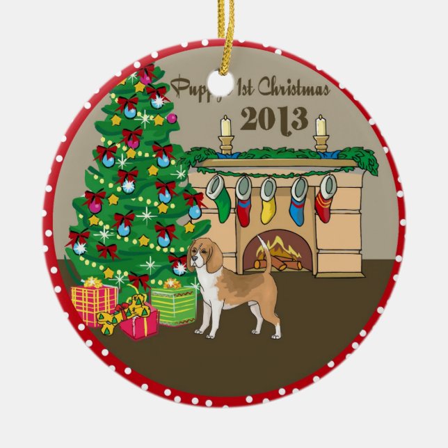 2013 Beagle Puppys First Christmas Ceramic Tree Decoration (Front)