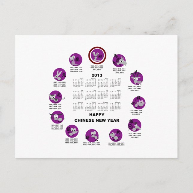 2013 Chinese Zodiac Happy New Year Calendar Holiday Postcard (Front)