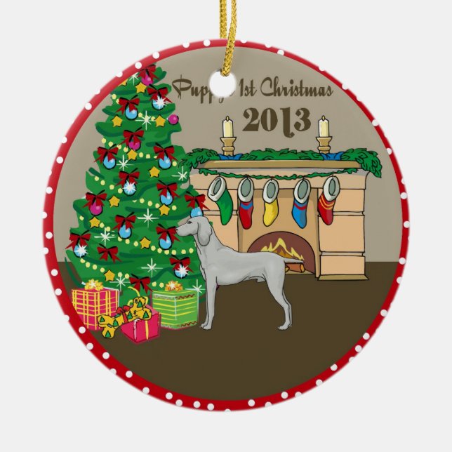 2013 Weimaraner Puppys First Christmas Ceramic Tree Decoration (Front)