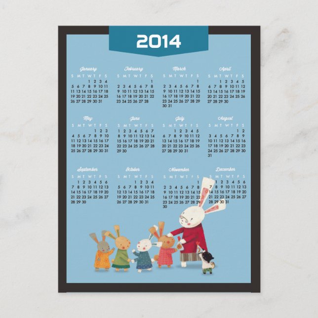 2014 Calendar - Happy New Year Bunny Rabbit Family Holiday Postcard (Front)