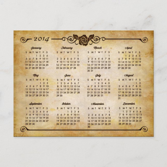 2014 Calendar - Rustic Country Rose Vintage Style Postcard (Front)