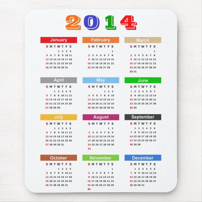2014 Calendar - Standard Multiple Colours Theme Mouse Mat (Front)