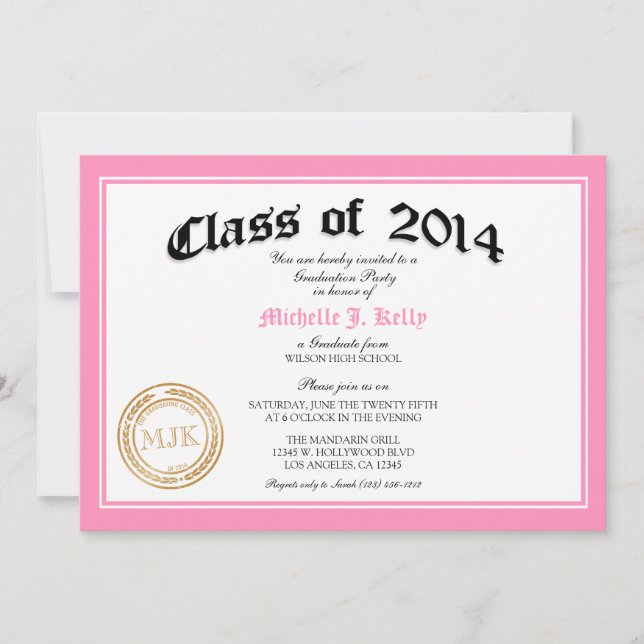 2014 Pink Diploma Graduation Party Invitation (Front)