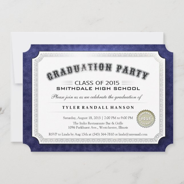2015 Graduation Diploma Navy Blue & White Invite (Front)
