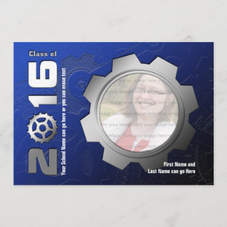 2016 Blue and Silver Gear Graduation Invitation