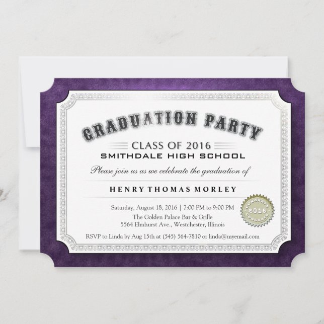 2016 Graduation Diploma Purple & White Invite (Front)