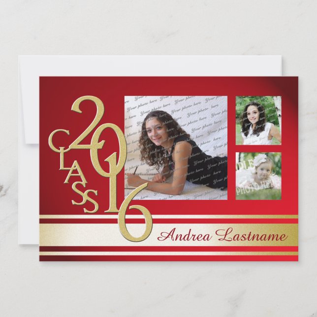 2016 Red Gold Varsity Stripe Graduate Tri Photo Invitation (Front)